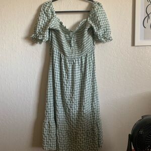 Green and white gingham milkmaid midi dress